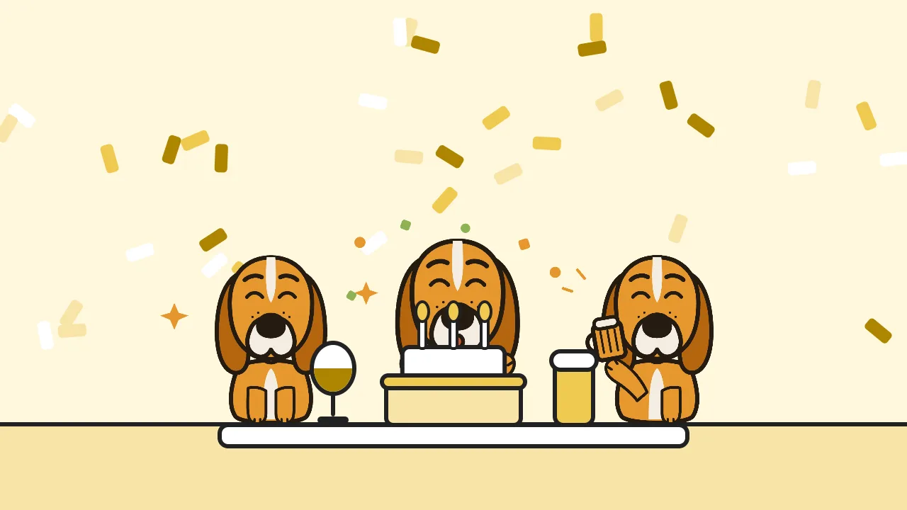 Illustration: our mascots toasting around a cake under falling confetti